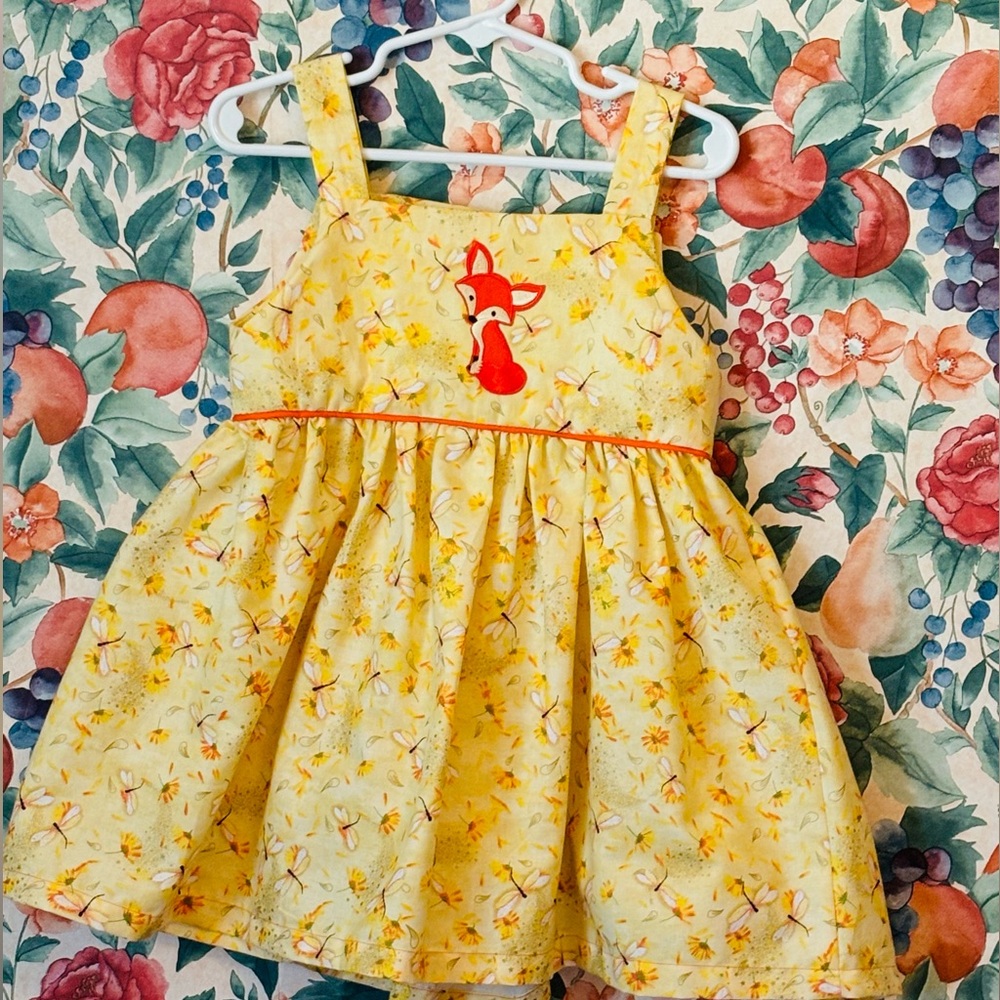 Cotton, yellow floral, Fox toddler dress, 3-4T